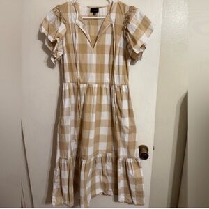 Who What Wear Beige and White Gingham Ruffle-Sleeve Midi Dress